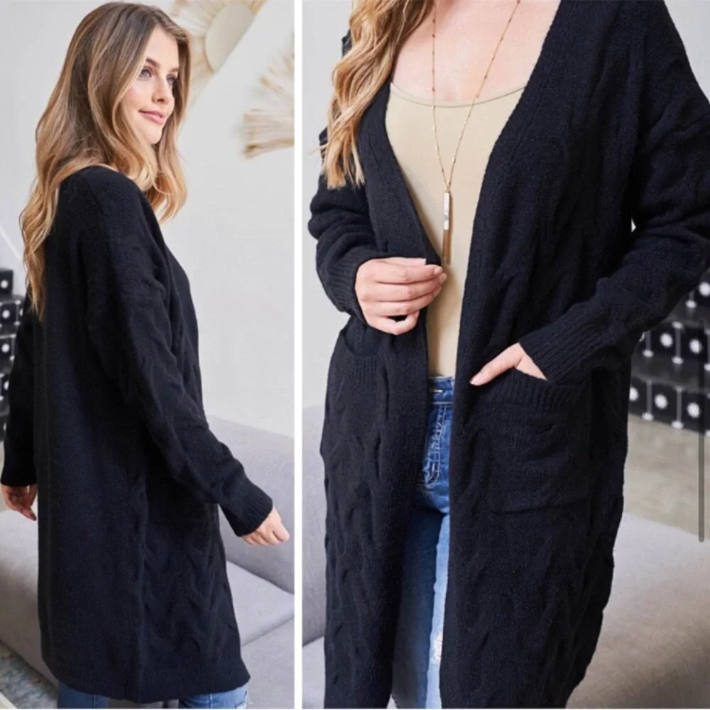 LAST ONE: women’s long sleeve tight knit fabric black comfy warm cardigan - Picture 4 of 7